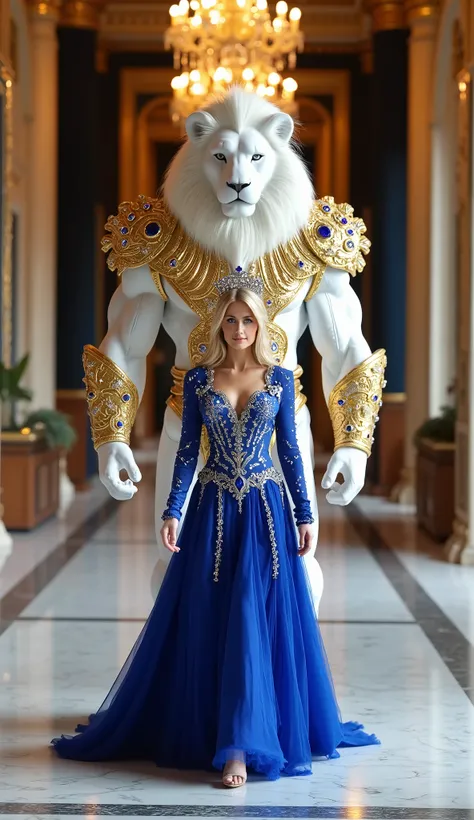 Hyper-realistic 8K image of a luxurious indoor fashion hall inspired by Tagima Hall, with marble floors, golden chandeliers, and velvet curtains. A beautiful blonde woman with blue eyes walks ahead in a royal sapphire-blue gown embroidered with silver thre...