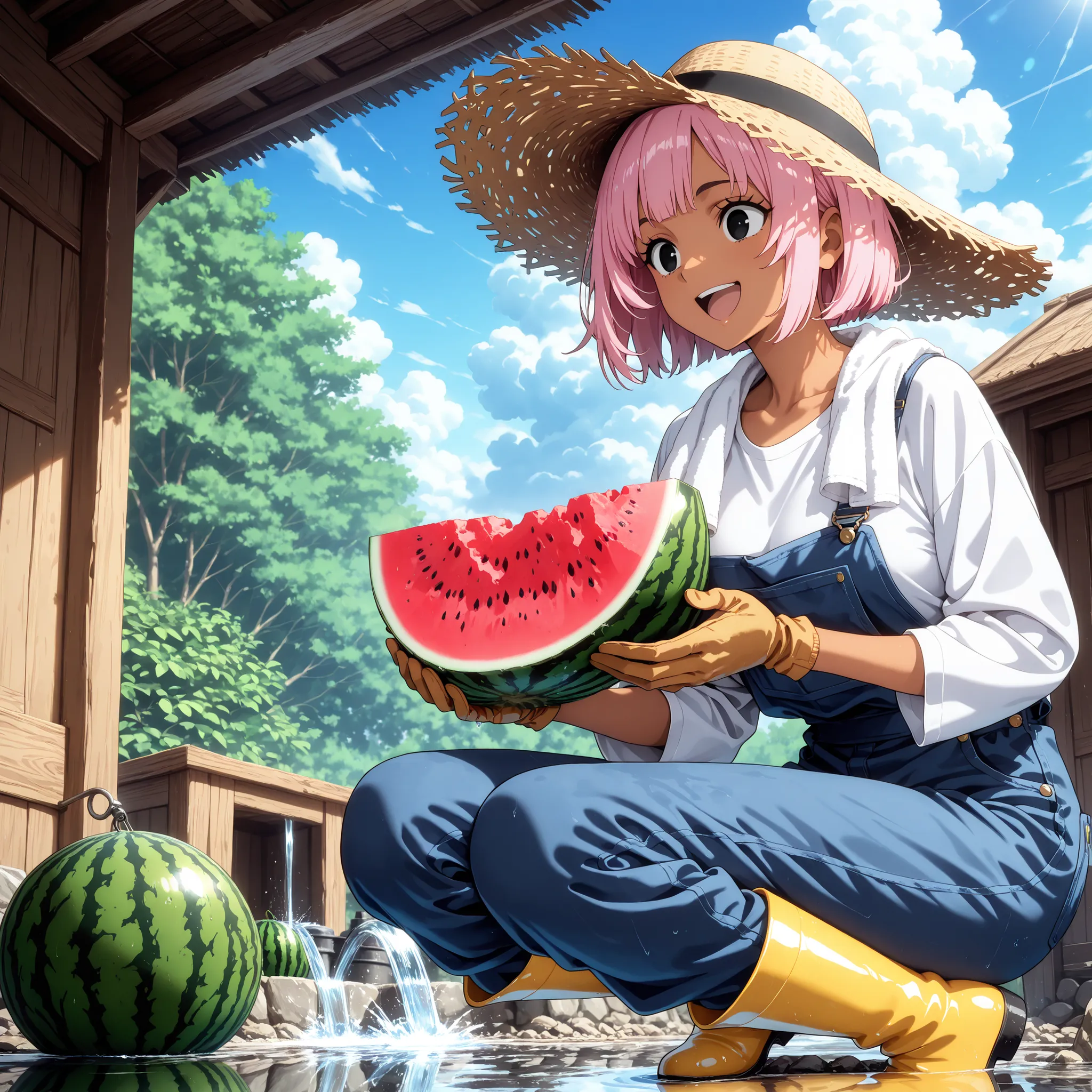 1 girl,solo,adult,beautiful girl,black eyes,tanned skin,pink hair,short hair,masterpiece,general,highres, ultra-detailed,very aesthetic,best quality ,best hands,best eyes,perfect anatomy,anime coloring,newest,easynegative,BREAK,overalls,straw hat, white T-...