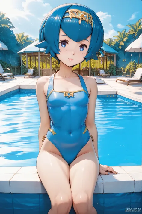 1lana1, short hair, blue hair, blue eyes,masterpiece, 4K, 超high resolution, HDR, high resolution, High Quality, ultra detail, very clear, cute girl,  Very thin swimwear , A gorgeous and beautiful outdoor swimming pool