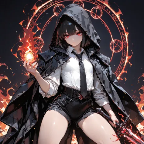 ((best quality)), ((masterpieces)), (detailed), perfect face, SOLO, ((((femboy)))), tomgirl, ANIME, beautiful detailed eyes, BOB hair, BOBed hair, BLACK hair, RED EYES, expressionless, hooded, Magical Eyes, dark background, ((BLACK HOODED coat draped over ...