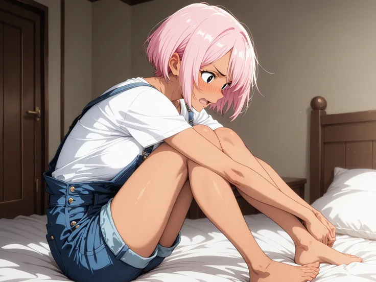 1 girl,solo,adult,beautiful girl,black eyes,tanned skin,pink hair,short hair,masterpiece,general,highres, ultra-detailed,very aesthetic,best quality ,best hands,best eyes,perfect anatomy,anime coloring,newest,easynegative,BREAK,overalls,white T-shirt,undre...