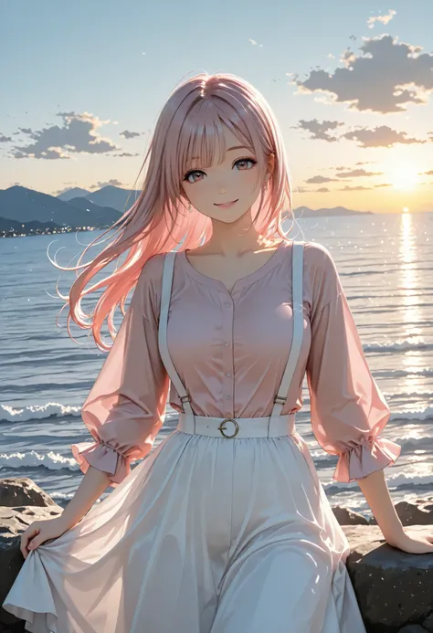 panorama,long hair,pink hair, model, pink shirt, white suspenders ,white skirt,clear makeup, mountain top,ocean,sunny, smile