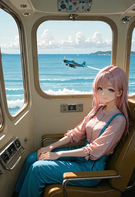 Panorama,long hair , plane,sitting seat ,pink Hair, model, pink shirt, blue suspenders ,clear makeup, ocean,sunny,smile