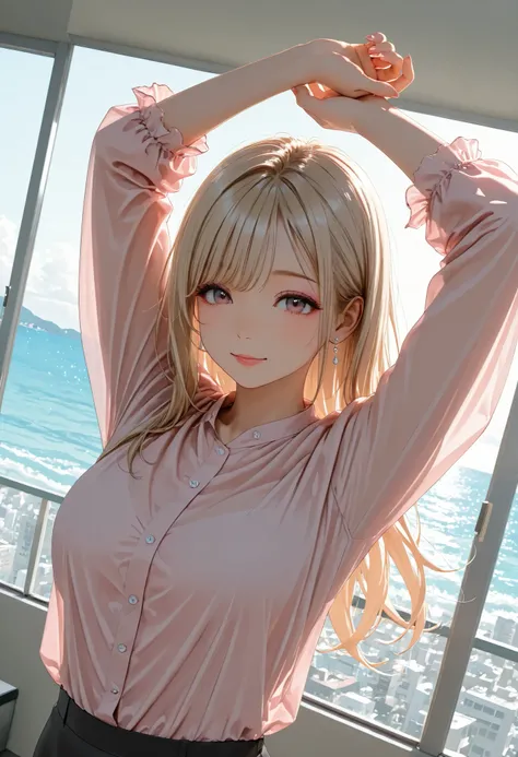 Panorama,long hair , Stretching ,blonde Hair, office lady, pink shirt, clear makeup, ocean view, in the hotel, window,(sunny)