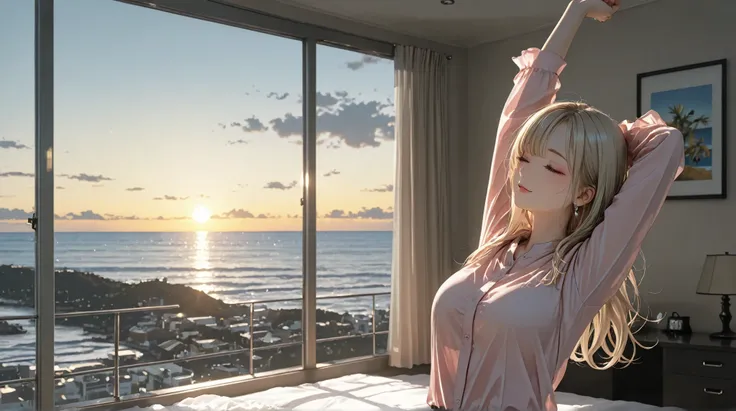 Wide shot,long hair , Stretching ,blonde Hair, office lady, pink shirt, clear makeup, ocean view, in the hotel, window,(sunny)