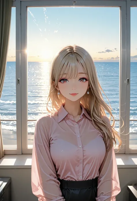 Panorama,long hair ,blonde Hair, office lady, pink shirt, clear makeup, ocean view, in the hotel, window,(sunny)