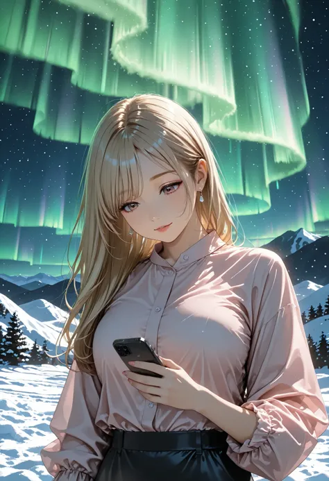 Panorama, long hair ,blonde Hair, office lady, pink shirt, clear makeup,looking down mobile phone, in the mountain, aurora,(blizzard),(night)