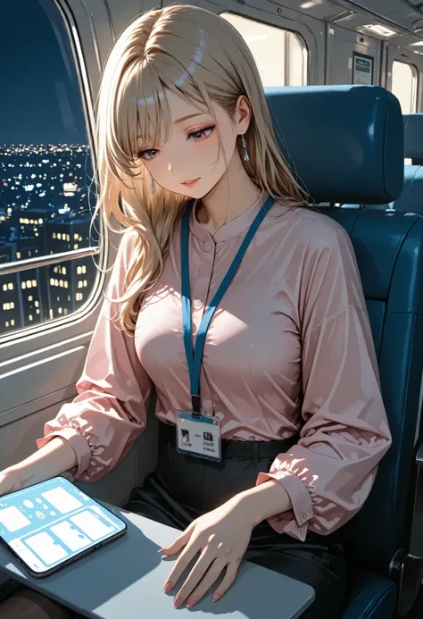 Far view, long hair ,from front,blonde Hair, office lady, pink shirt, clear makeup , sitting seat,looking down mobile phone, in the plane,night