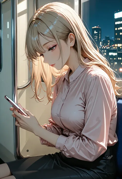 Far view, long hair ,from front,blonde Hair, office lady, pink shirt, clear makeup , sitting seat,looking down mobile phone, in the subway,(night)