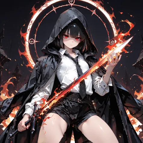 ((best quality)), ((masterpieces)), (detailed), perfect face, SOLO, ((((femboy)))), tomgirl, ANIME, beautiful detailed eyes, BOB hair, BOBed hair, BLACK hair, RED EYES, expressionless, hooded, Magical Eyes, dark background, ((BLACK HOODED coat draped over ...