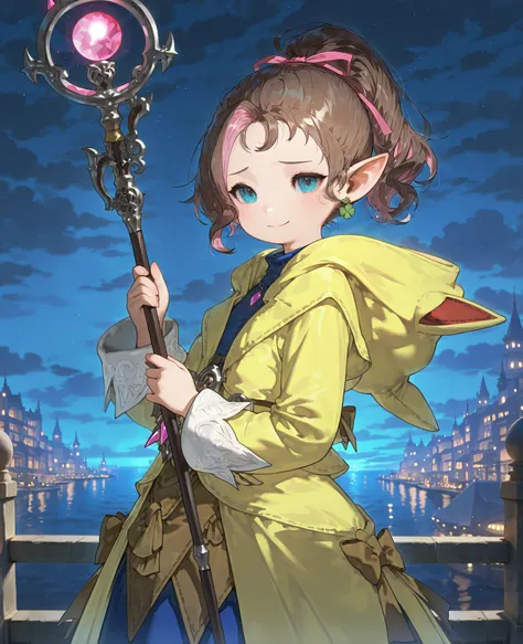 masterpiece, best quality, amazing quality, very aesthetic, absurdres, newest, scenery, volumetric lighting, perfect eyes, ultra detailed,
1girl, solo, Krile Baldesion, white mage outfit, yellow hooded jacket, closed jacket, long jacket, hood down, ponytai...