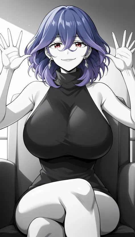 score_9, score_8_up, score_7_up, score_6_up, score_5_up, score_4_up
vermeil, vermeil, red eyes, hair between eyes, blue hair, purple hair, multicolored hair, medium hair,
sweater, bare shoulders, sleeveless, turtleneck, black sweater, thighs,
indoors, bent...