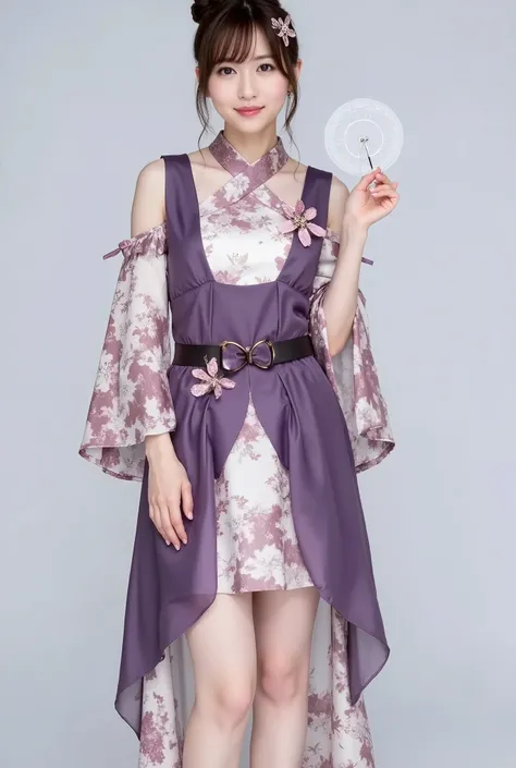 A hyper-realistic portrait photograph of a beautiful Japanese female idol with a slender figure, small bust, and slim legs. She has medium-length hair and wears a modern, elegant costume inspired by traditional Japanese kimono design. Her outfit features a...
