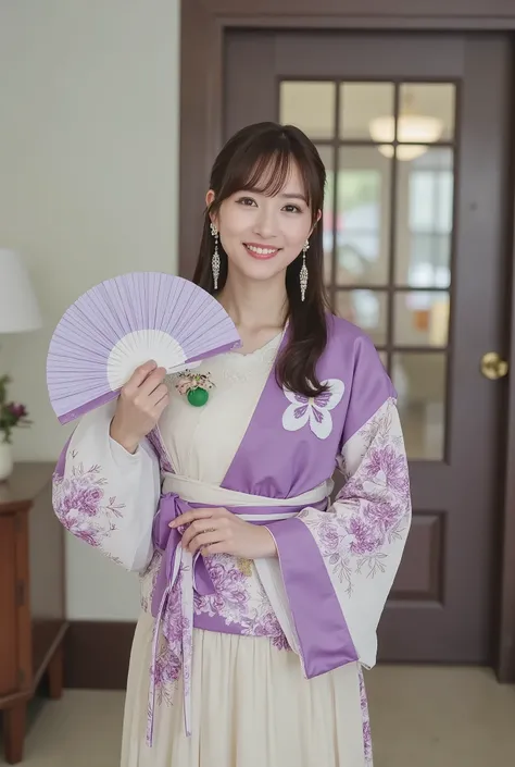 A hyper-realistic portrait photograph of a beautiful Japanese female idol with a slender figure, small bust, and slim legs. She has medium-length hair and wears a modern, elegant costume inspired by traditional Japanese kimono design. Her outfit features a...