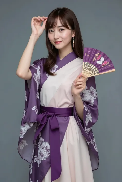 A hyper-realistic portrait photograph of a beautiful Japanese female idol with a slender figure, small bust, and slim legs. She has medium-length hair and wears a modern, elegant costume inspired by traditional Japanese kimono design. Her outfit features a...
