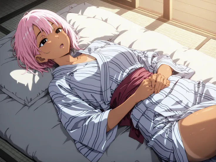 1 girl,solo,adult,beautiful girl,black eyes,tanned skin,pink hair,short hair,masterpiece,general,highres, ultra-detailed,very aesthetic,best quality ,best hands,best eyes,perfect anatomy,anime coloring,newest,easynegative,tatami,yukata,futon,fun, comfortab...