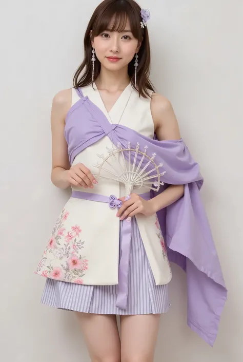 A hyper-realistic portrait photograph of a beautiful Japanese female idol with a slender figure, small bust, and slim legs. She has medium-length hair and wears a modern, elegant costume inspired by traditional Japanese kimono design. Her outfit features a...