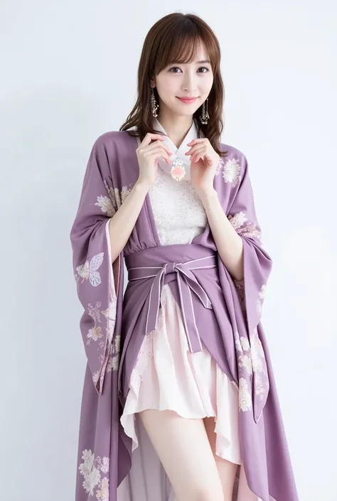 A hyper-realistic portrait photograph of a beautiful Japanese female idol with a slender figure, small bust, and slim legs. She has medium-length hair and wears a modern, elegant costume inspired by traditional Japanese kimono design. Her outfit features a...