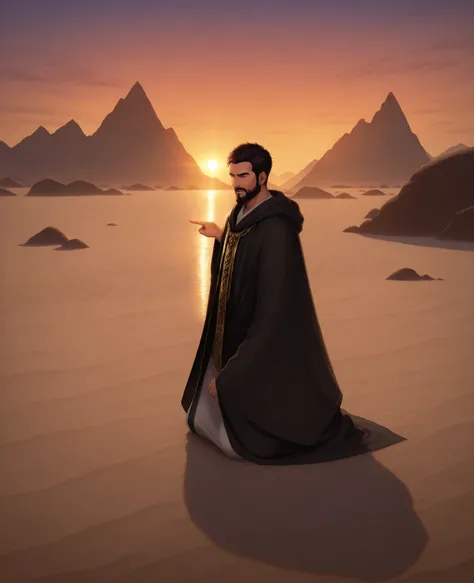 “Achan, a man with dark hair and a beard, a guilt-ridden expression, kneeling before Joshua and other Israelite leaders, pointing toward a Hebrew tent where he has hidden the stolen spoils (a Babylonian robe, gold, and silver). The scene is solemn and tens...
