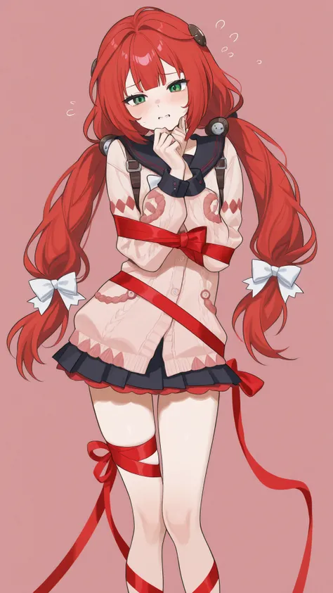 Ukinami Yuzuha,Mesgaki,cute,girl,Standing up ,Long pigtails ,Hands tied with ribbons,puzzled expression,redhead,green eyes,legs are tied with ribbons,Ribbon bondage