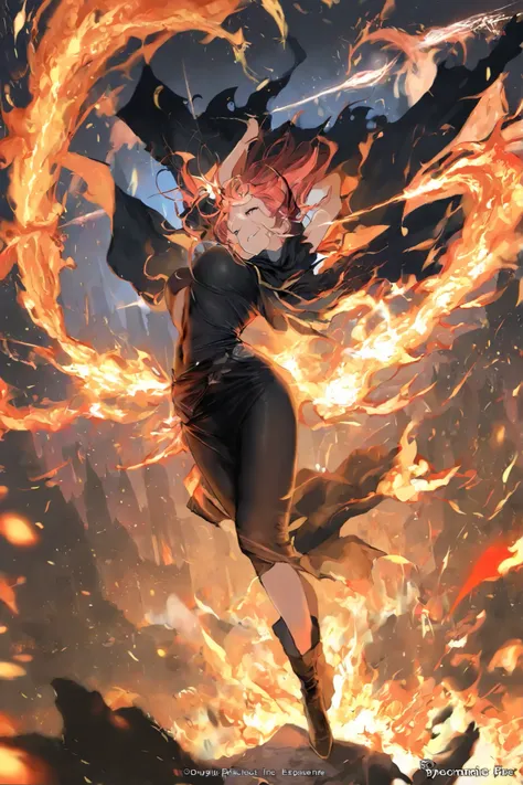 masterpiece, best quality,1 girl,best quality,heroic pose,dynamic angle,dynamic background,with epic fire effect, fire magic,wizard, Flames are consuming everything around, and sparks are dancing in the air