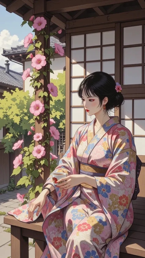 a woman in a yukata sitting on the veranda with soft morning light shining in、I have a teacup in my hand、In the background is a blooming morning glory、wooden houses、Light through a shoji 、Quiet morning air、soft morning sunlight, traditional Japanese house, peaceful and nostalgic mood
