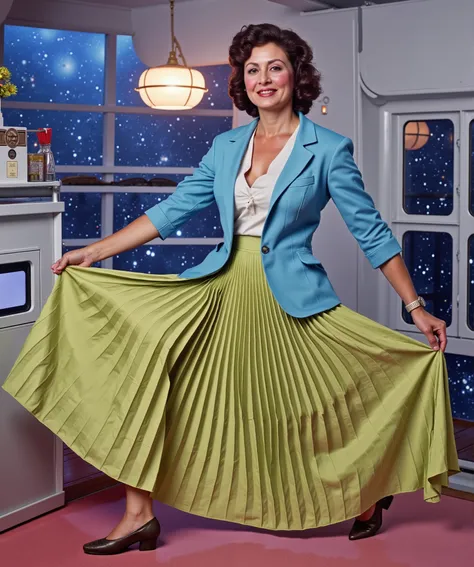 In an interstellar office adorned with vintage charm, a demure, mature therapist, dressed in a crisp uniform jacket and a blouse, reveals her alluring feminine grace. Her long, pleated skirt flows dramatically as the subtly lifts it, each fold a testament...