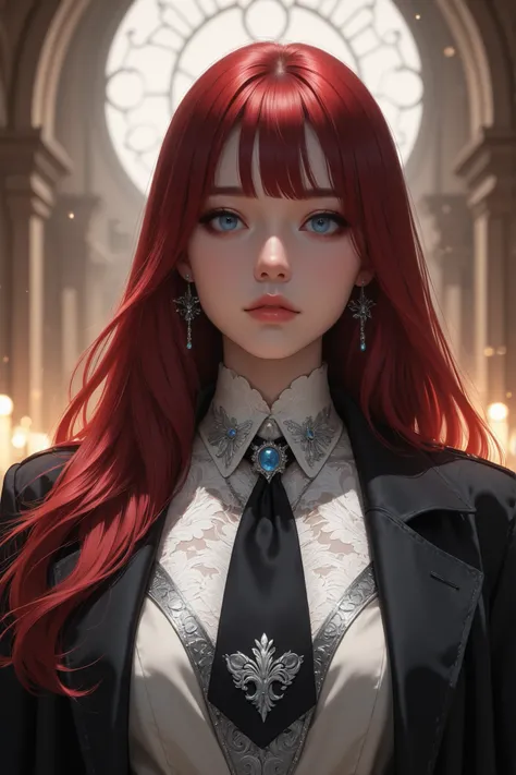 (masterpiece, ultra realistic, 8K RAW, cinematic lighting, iconic Korean mafia style), waist-up portrait of a beautiful Western woman with an elegant, soft oval-shaped face, no visible bone structure, small sharp lips, and piercing blue eyes. She has long ...
