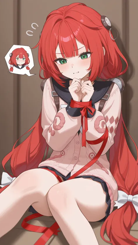 Ukinami Yuzuha,Mesgaki,cute,girl,sitting,Long pigtails ,The wrist is tied with a ribbon,puzzled expression,redhead,green eyes,legs are tied with ribbons,Ribbon bondage,long sleeve