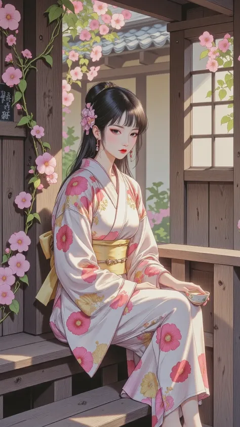 a woman in a yukata sitting on the veranda with soft morning light shining in、I have a teacup in my hand、In the background is a blooming morning glory、wooden houses、Light through a shoji 、Quiet morning air、soft morning sunlight, traditional Japanese house, peaceful and nostalgic mood
