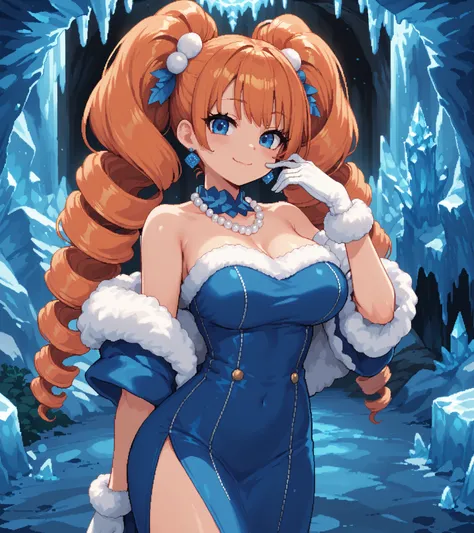 score_9, score_8_up, score_7_up, source_anime, solo, pixel art, mega twin drills, big hair BREAK 

Orange hair, blue eyes, large breasts, hips BREAK 

edgwdc, winter clothes, gloves,, dress, bare shoulders, jewelry, Blue earrings, white gloves, necklace, p...