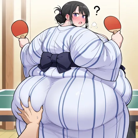 masterpiece, best quality, amazing quality,,   Tamura yuri(watamote) black hair, purple eyes, mature female, medium breasts, anime screencap,  getsuyoubinotawawa vol13, solo, looking at viewer, blush,  holding, cleavage, sweat, teeth, japanese clothes, wid...