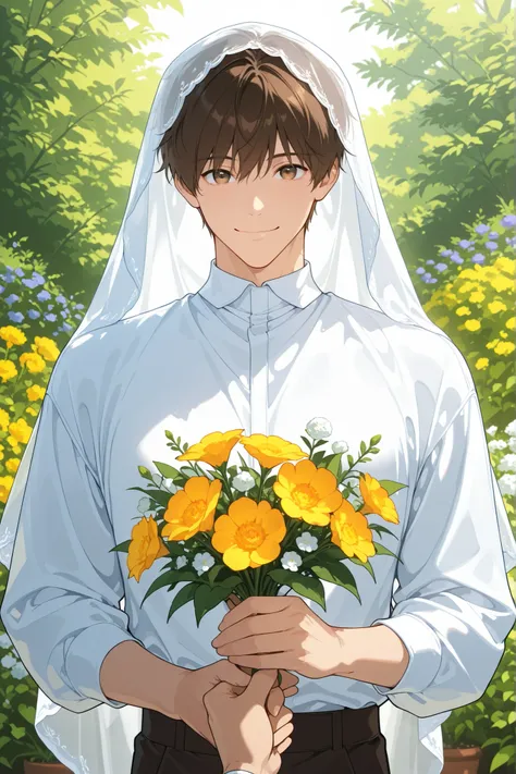 male, man, short brown hair, looking at viewer, light article, bust shot, flowers, garden, low saturation, white shirt, holding an flower bouquet, smile, white veil
