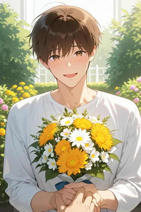 male, man, short brown hair, looking at viewer, light article, bust shot, flowers, garden, low saturation, white shirt, holding an flower bouquet, :D smiling, shy, holding hand