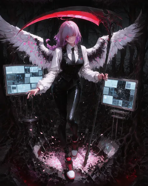 A beautiful woman (calm and serene look) with long angel wings of white and black colors, hair in mixed shades of red and purple and a long braid falling over her shoulder, heterochromia in the eyes, wearing a white dress shirt, a black vest over it and a...