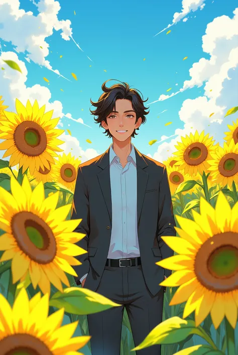 Homem adulto. Madure man. Messy black hair. smile. Setting: Sunflower field, clear day. Fair skin. Casual suit. Anime style. Tons mais esbranquiçados.