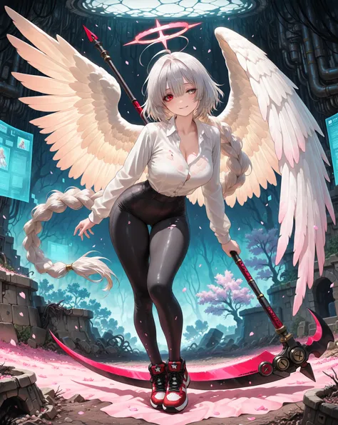A beautiful woman with long angel wings, (calm and serene look), one wing of white color and the other is black, hair in shades of red reaching purple with a long braid falling over her shoulder, heterochromia in the eyes, wearing a white dress shirt, a b...