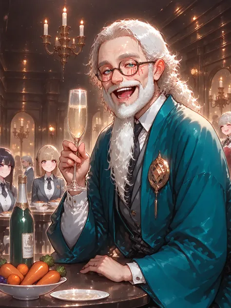 (masterpiece, best quality, extra detailed saliva, cinematic lighting, in a luxurious setting , vibrant nightlife, luxurious demonstration, Elegant Women, joyful atmosphere , old wizard robe, long white beard , the wise face of an old man), luxurious s...
