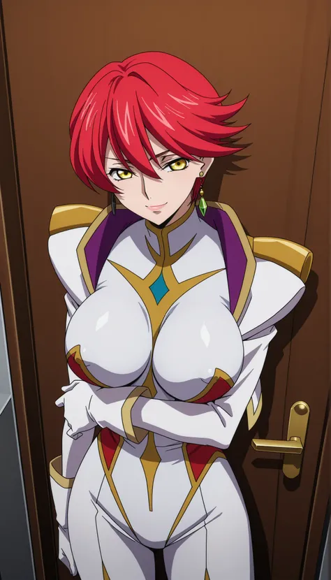 narah_pilotsuit,narah vaughn,1girl,solo,red hair,short hair,breasts ,yellow eyes,gloves,jewelry,earrings,lipstick,large breasts,mature female,MILF, standing , score_9, score_8_up, score_7_up, score_6_up, score_5_up, score_4_up , narah_pilotsuit,narah vaugh...