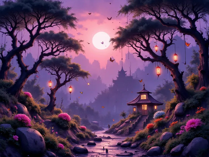 Plain center, empty space in middle, enchanted fairytale forest, ancient twisted trees, soft golden sunlight, glowing butterflies and fireflies, magical mist, colorful mushrooms, hanging lanterns, fairy, vibrant flowers, moss-covered stones, dreamy atmosph...