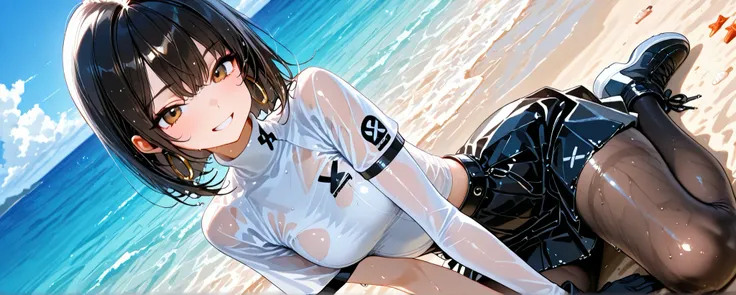 My clothes are wet and transparent, score_9, score_8_up, score_7_up, score_6_up, score_5_up, score_4_up, High quality, Ultra detailed, best quality, insanely detailed, beautiful, 1girl, solo, EvieSyn, short hair, hoop earrings, brown eyes, white turtleneck...