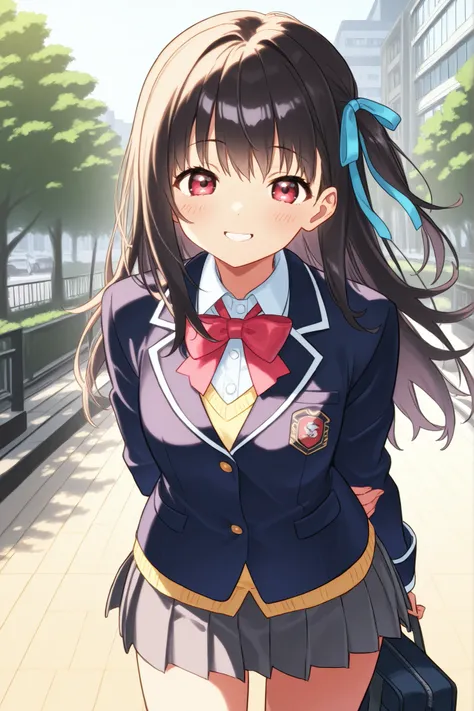 Girl、(dark haired、high school students、blazer after face) 、((cute、Smile Yan))、Shibuya Scenery、Anime Style、High Definition、High Quality、1girl