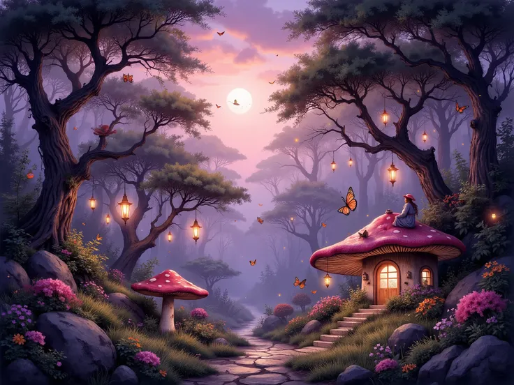 Empty space in middle, enchanted fairytale forest, ancient twisted trees, soft golden sunlight, glowing butterflies and fireflies, magical mist, colorful mushrooms, hanging lanterns, fairy, vibrant flowers, moss-covered stones, dreamy atmosphere, highly de...