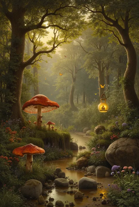 enchanted fairytale forest, ancient twisted trees, soft golden sunlight streaming through the canopy, glowing butterflies and fireflies, magical mist, colorful oversized mushrooms, hanging lanterns, vibrant flowers, moss-covered stones, dreamy atmosphere, ...