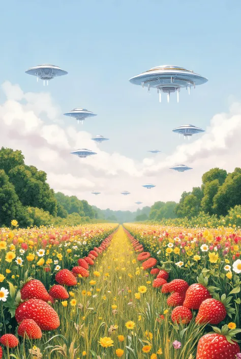 Strawberry field, lot of red strawberry, meadow, ufos flying in the distance, colorful, plain centre