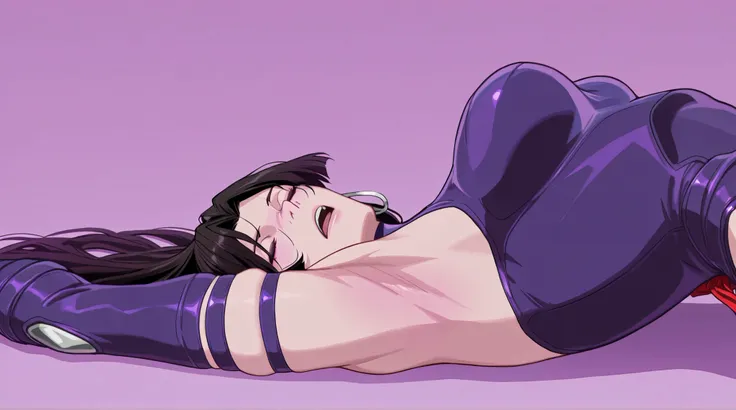 masterpiece, best quality, amazing quality, anime screencap, anime coloring, 1girl, solo, psylocke_vengeance, blue eyes, black hair, straight hair, long hair, hoop earrings, jewelry, purple leotard, clothing cutout, purple gloves, elbow gloves, Raise arms ...
