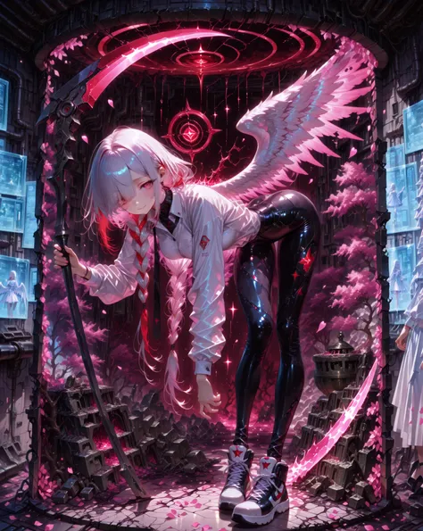 A beautiful woman with long angel wings, (calm and serene look), one wing of white color and the other is black, hair in shades of red reaching purple with a long braid falling over her shoulder, heterochromia in the eyes, wearing a white dress shirt, a bl...