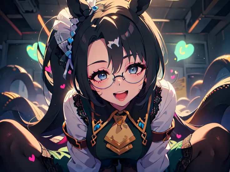 Close-up POV, 3D CG, one woman, perfect body, summoned tentacles, cracked black wall, tentacle flesh, (crawling position, crawling, emphasis on breast shape), (surrounded by tentacles, lower body buried in tentacles), (horse ears, hair ribbon, long glasses...