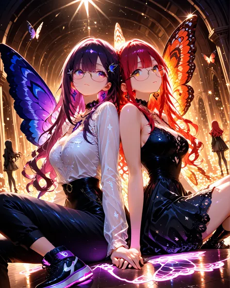  (masterpiece:1.3), (highly detailed image:1.3), (vivid colors:1.2), (4K resolution), (cinematographic photography:1.3), (dynamic angle:1.2), (perfect human anatomy:1.3), a couple of two beautiful women, one with long red hair wavy at the ends, a butterfly...