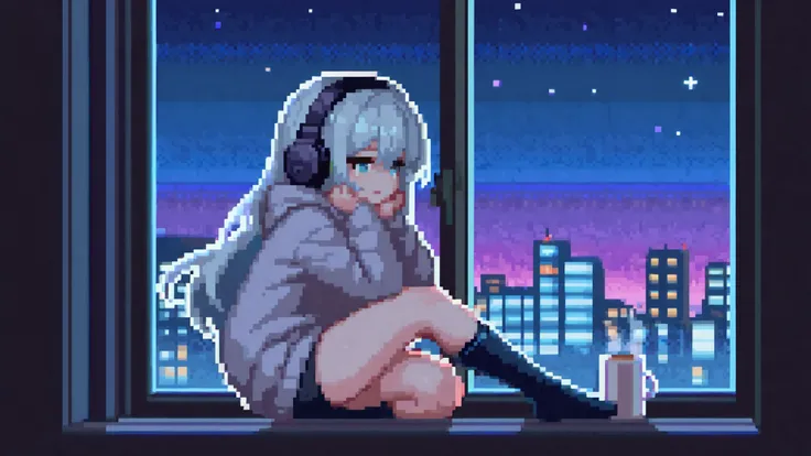 pixel art of a calm girl with long hair and headphones, sitting on a windowsill at night, looking out at the glowing city skyline, soft neon reflections on the glass, warm cozy lighting inside the room, wearing oversized hoodie and socks, cup of tea or cof...